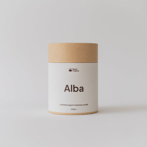 A cylindrical kraft paper jar candle labeled 'Alba' by the brand Local Papers, set against a clean, light gray studio background.