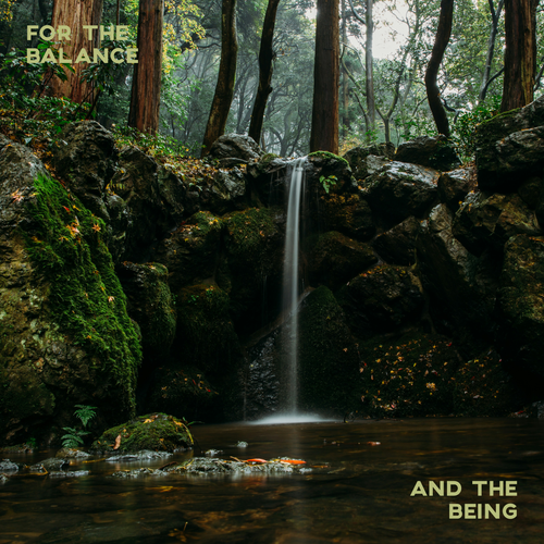 Waterfall in a forest with text overlay 'For the Balance' and 'And the Being'.