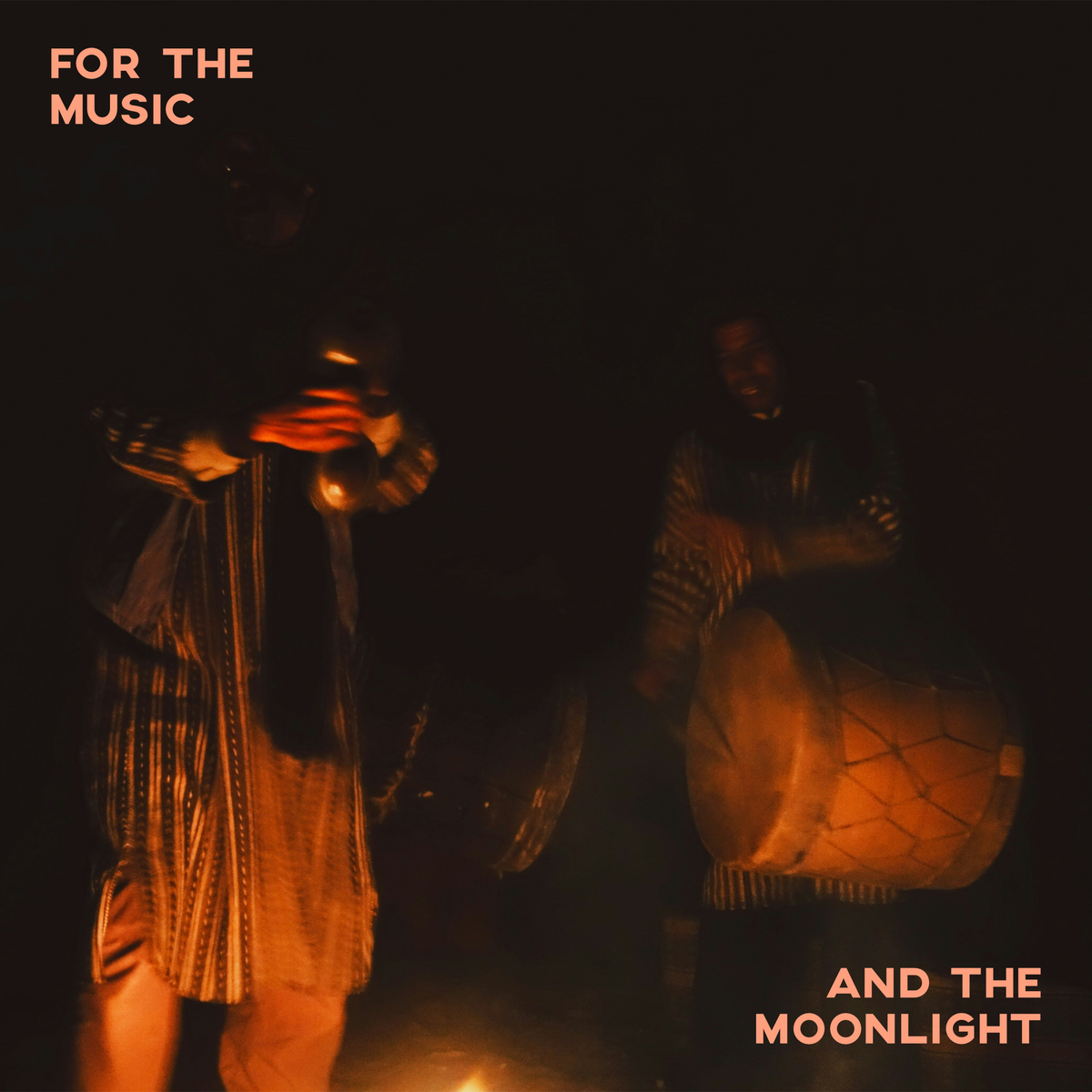 Two people playing instruments in a dark setting with text 'For the Music' and 'And the Moonlight'.
