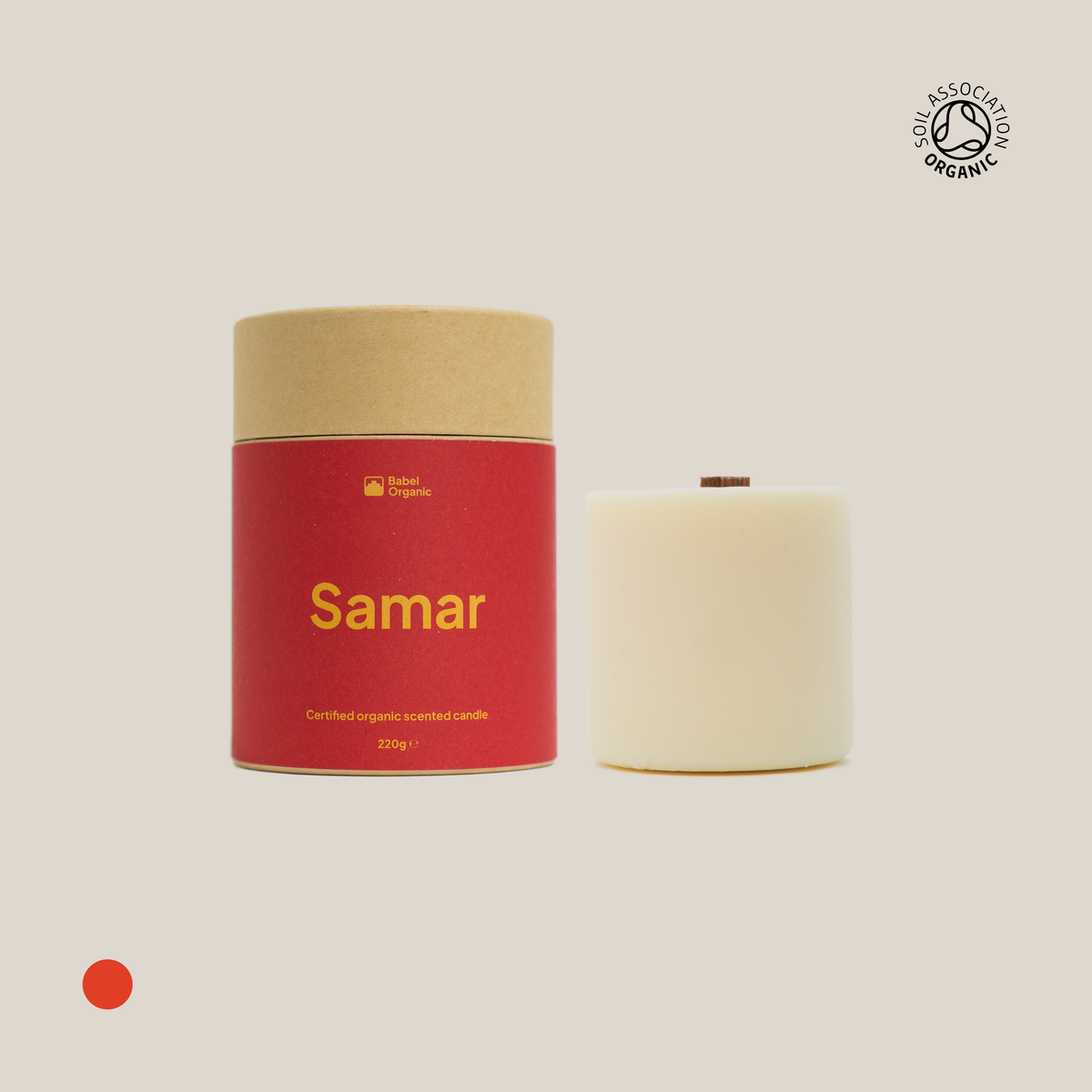 Red Samar candle with candle refill on a beige background.