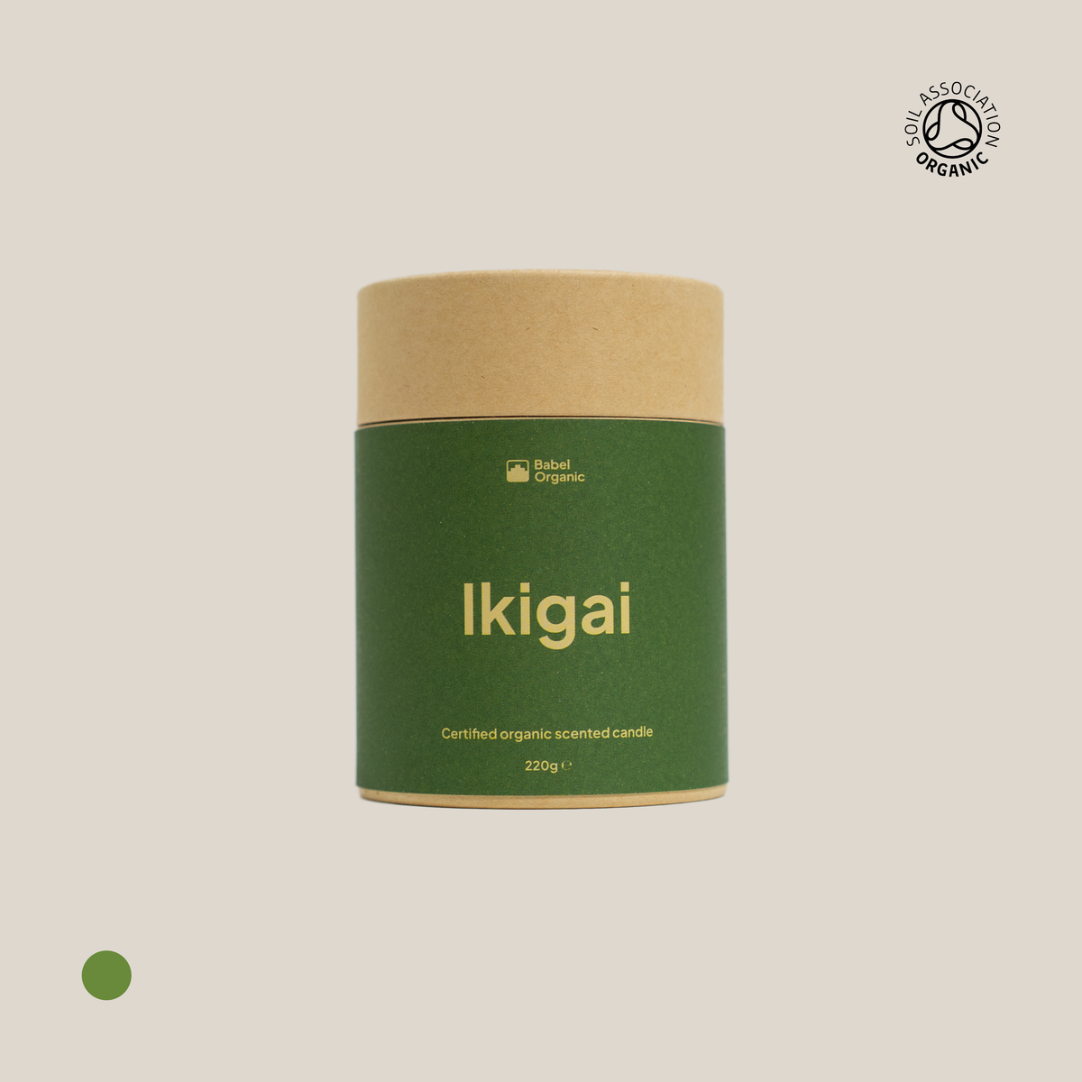 Ikigai green certified organic candle packaging on a beige background