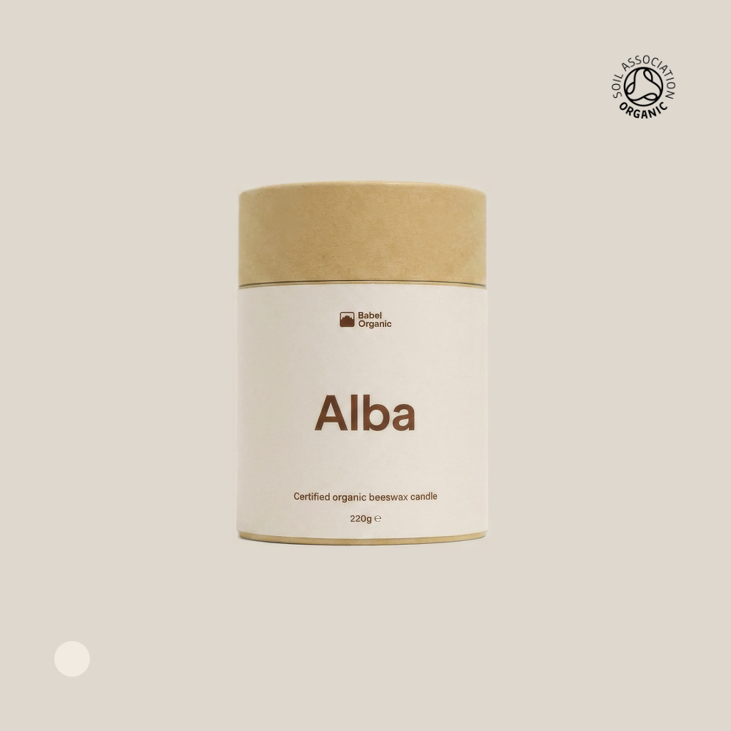 Beige container with 'Alba' branding on a beige background