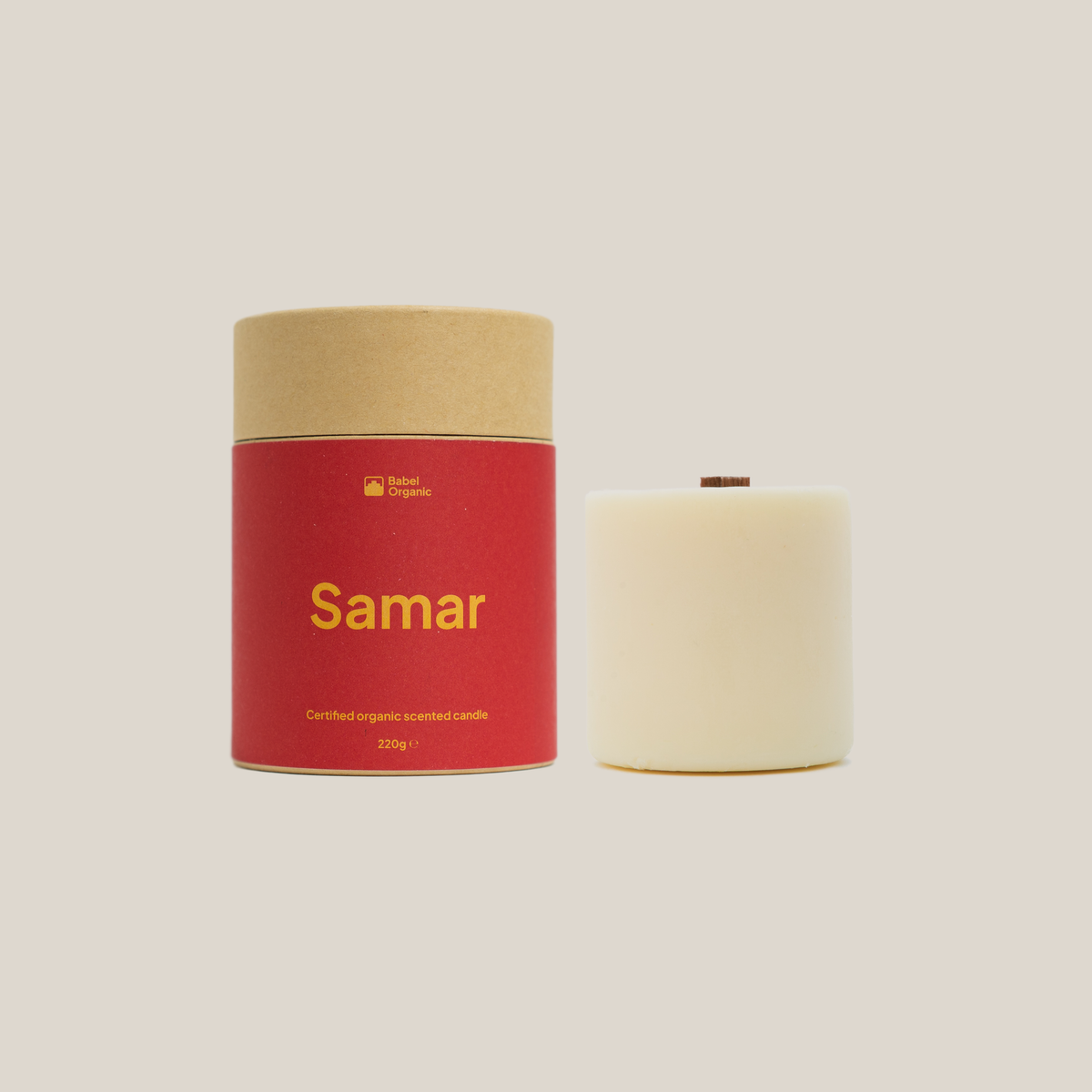 Red candle container with beige lid labeled 'Samar' on a beige background with refill candle.
